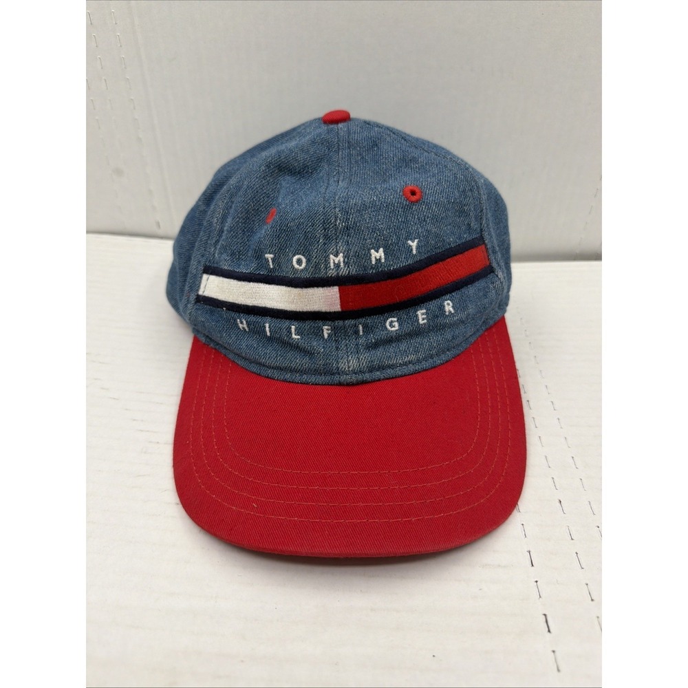 Tommy Hilfiger Blue Denim Red Adjustable Strapback Hat Baseball Cap Spellout